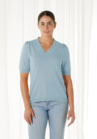 Puff Short Sleeve Vee Neck Pullover Top (BL3207)