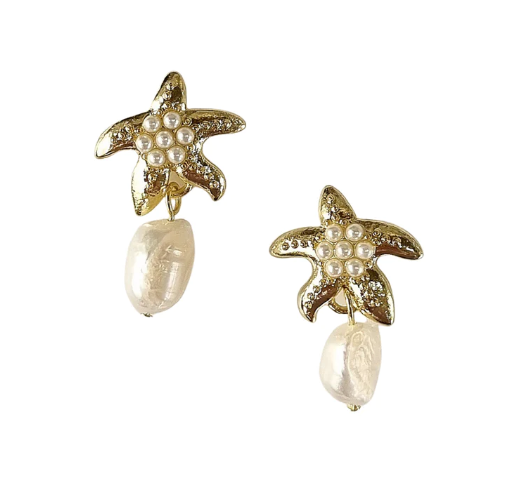 Gold Starfish Pearl Earrings (ZE02607)