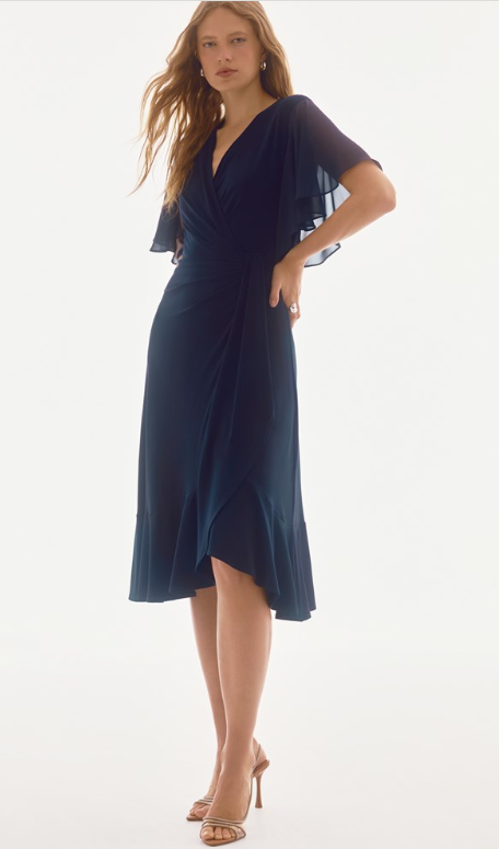 Silky Knit And Chiffon Flowy Wrap Dress (251706)