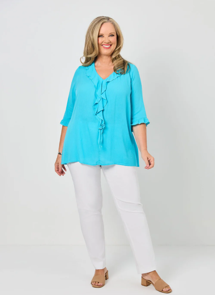 V-Neck Frill Plain Rayon Top (640099)