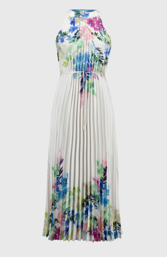 Pleated Satin Floral Print Maxi Dress (251904)