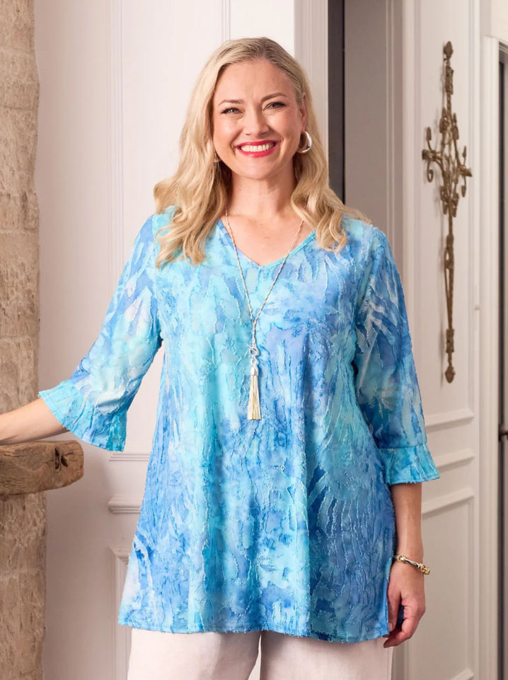V-Neck Frill Sleeve Swing Burnout Knit Top (640068)