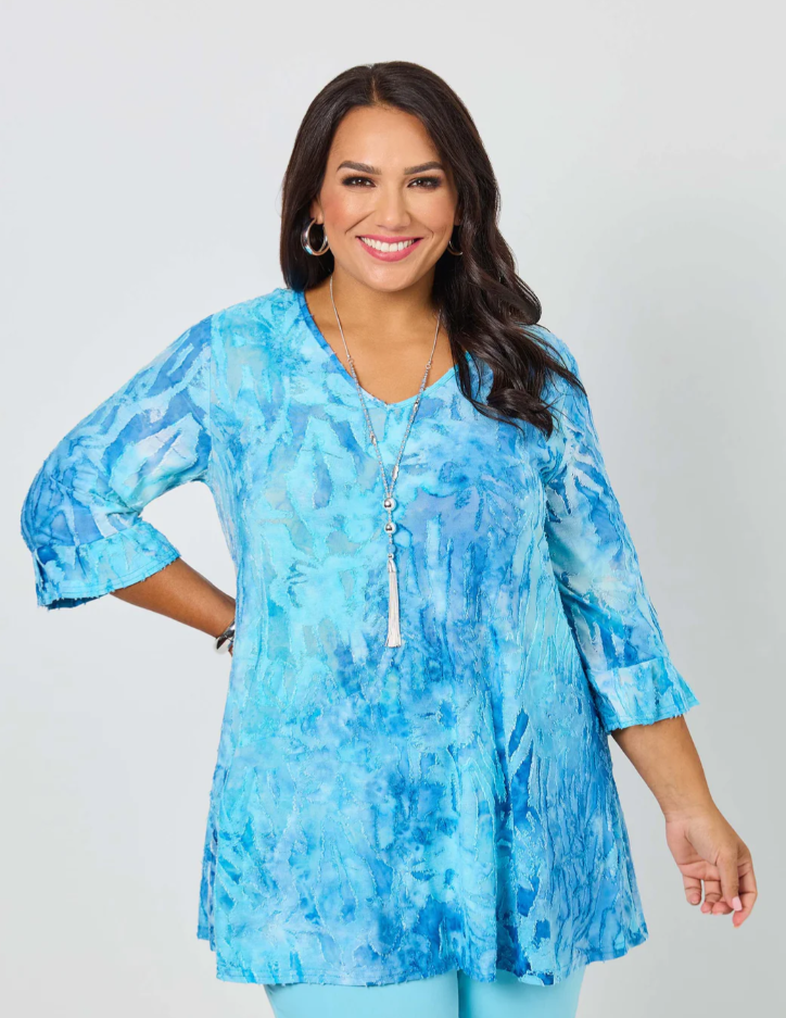 V-Neck Frill Sleeve Swing Burnout Knit Top (640068)