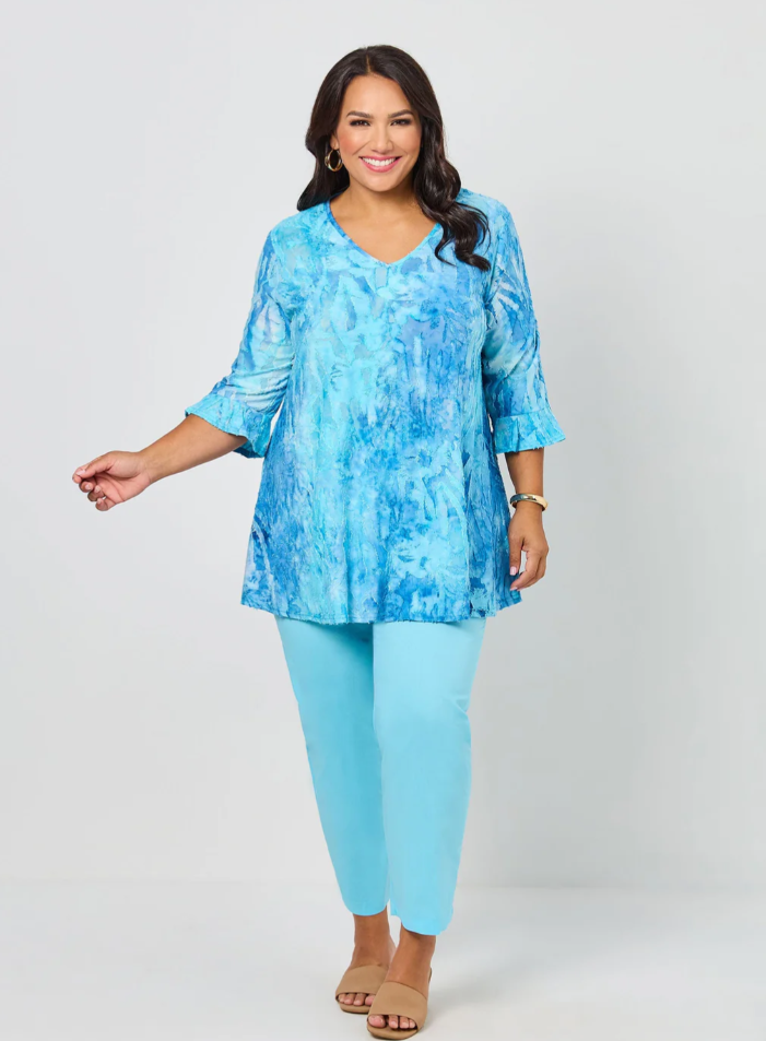 V-Neck Frill Sleeve Swing Burnout Knit Top (640068)