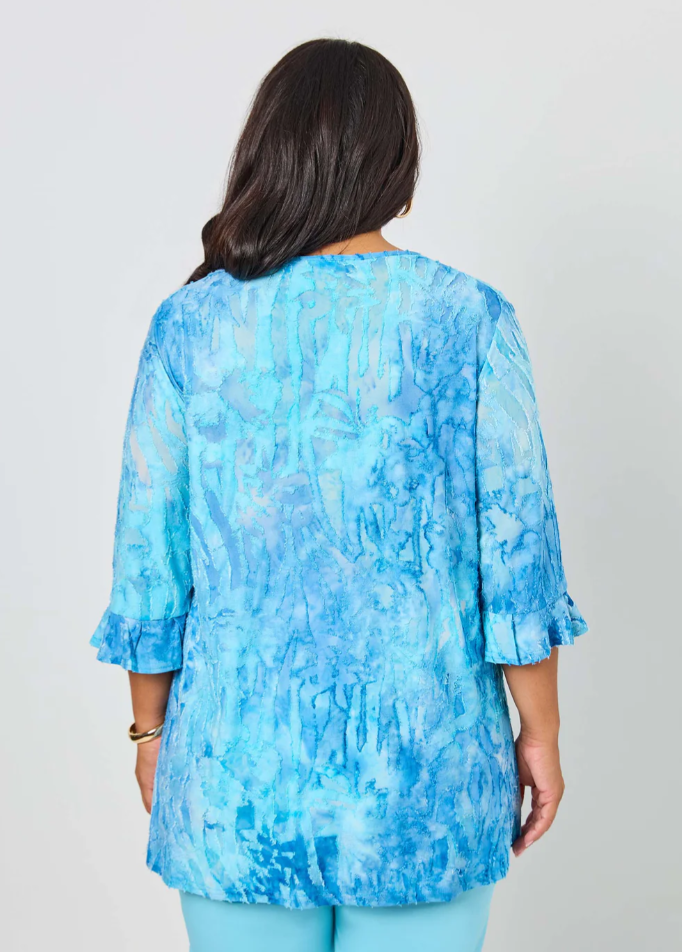 V-Neck Frill Sleeve Swing Burnout Knit Top (640068)