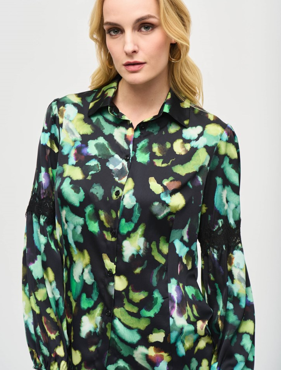 Satin Abstract Print Button-Down Blouse (243205)