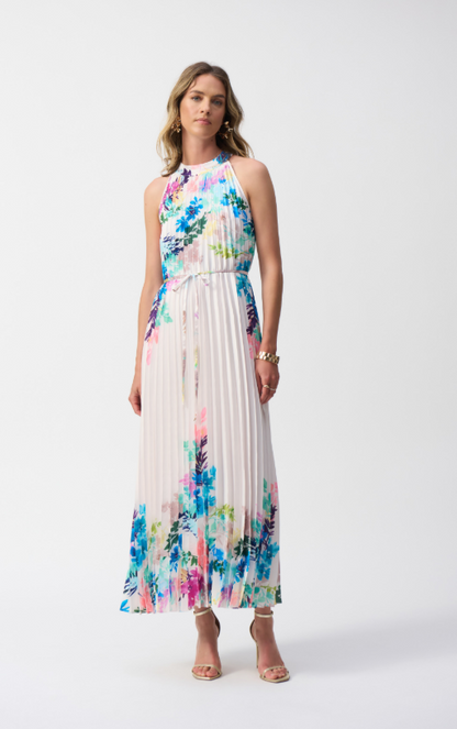 Pleated Satin Floral Print Maxi Dress (251904)