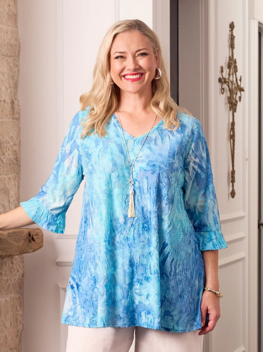 V-Neck Frill Sleeve Swing Burnout Knit Top (640068)